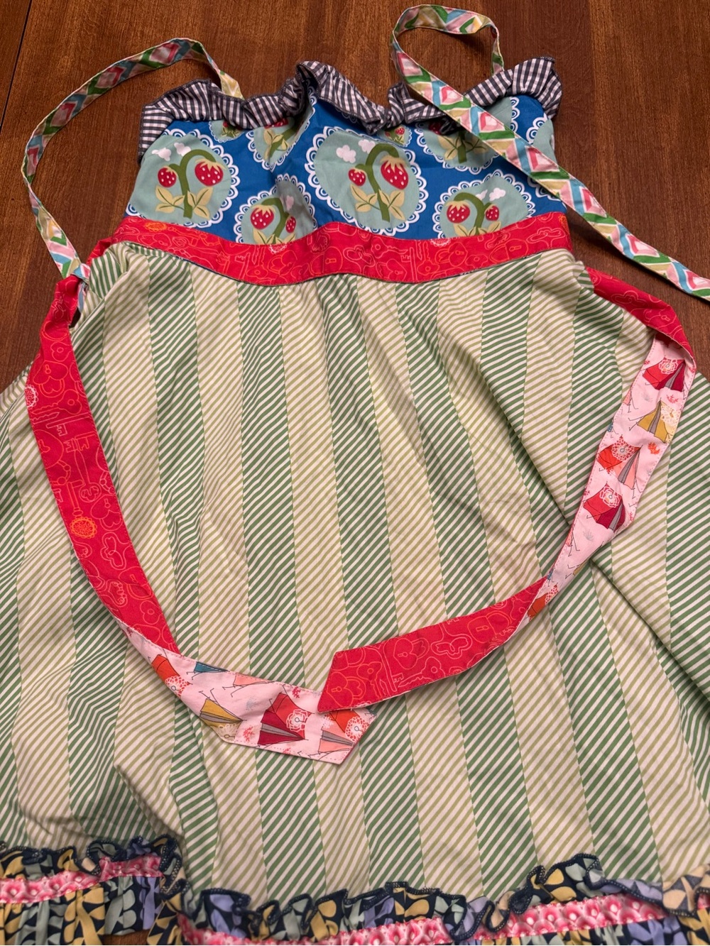 Matilda Jane Green and Blue Striped Apron Dress with Red Accents